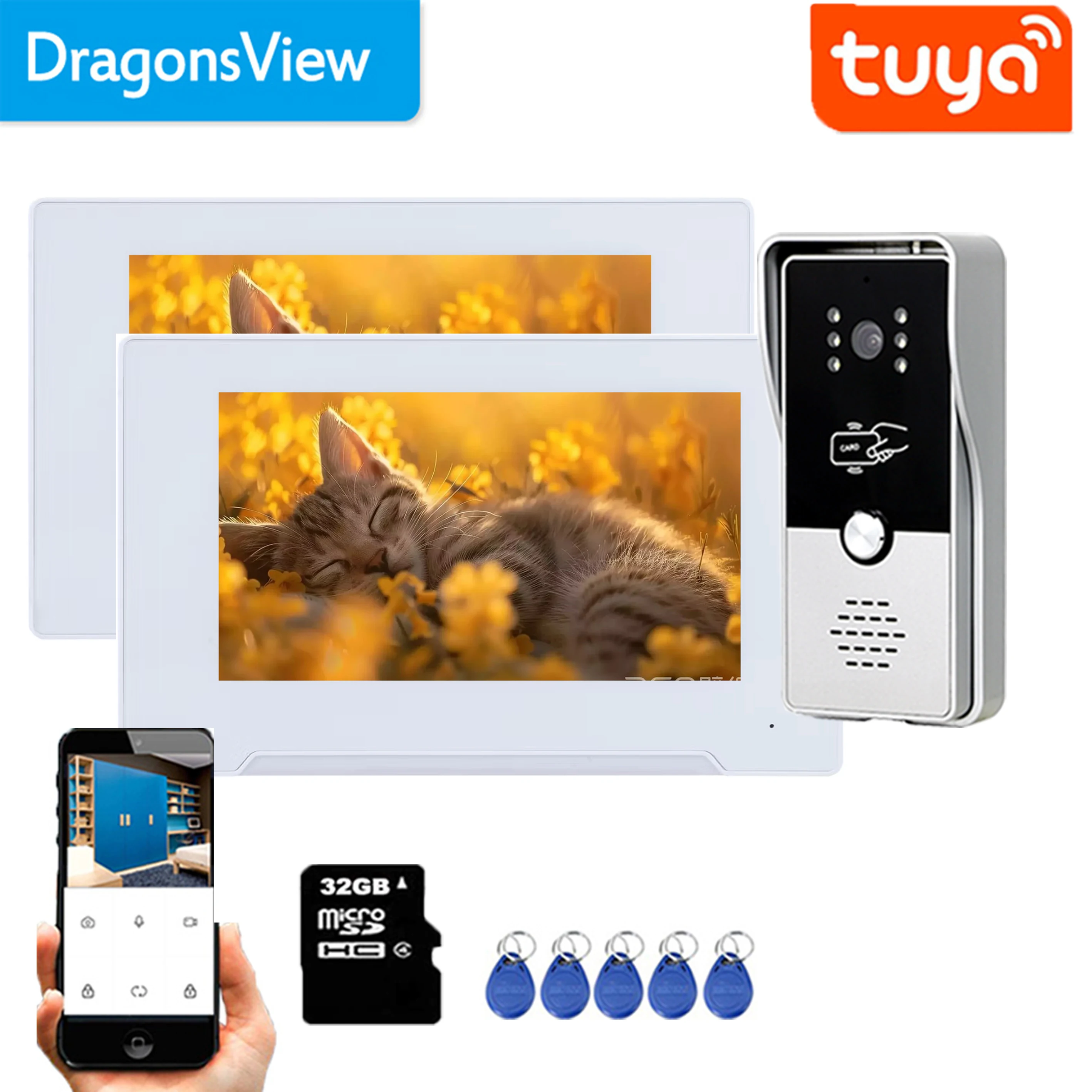 Dragonsview-Tuyaテレビ電話,Wi-Fi,RFID,カメラ付きドアベル,2台のタッチスクリーンモニター,7インチ,モーションレコード,1080p