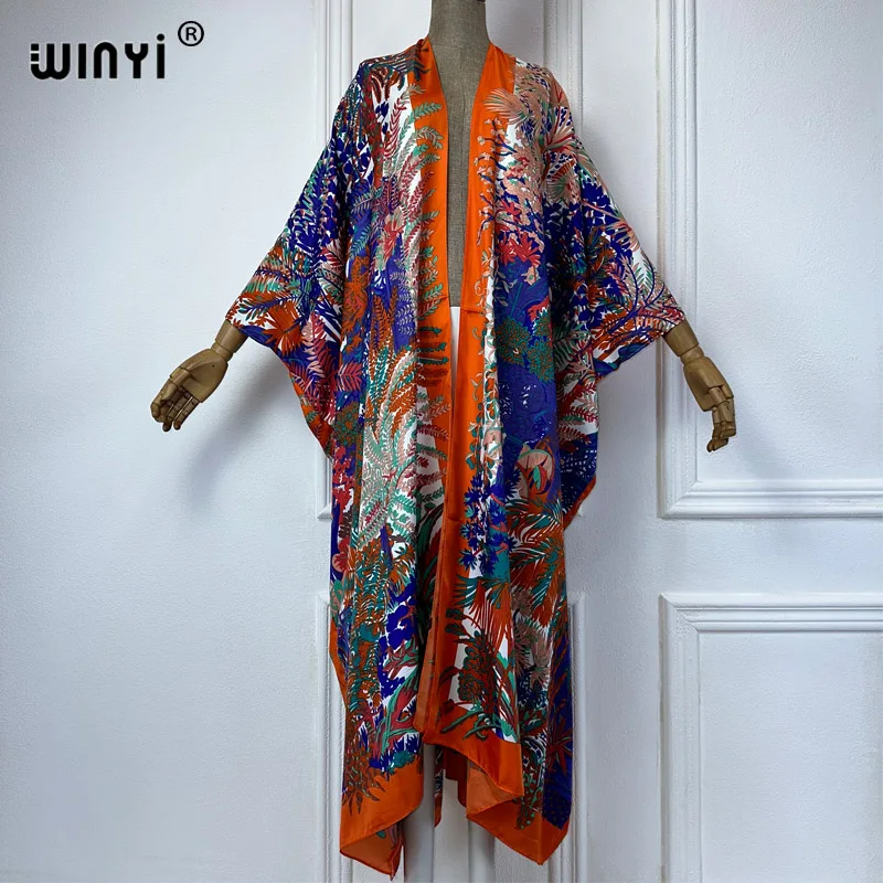 WINYI Summer fashion Beach cover up Boho flower print Cover Up Cardigan elegant Holiday Kimono beach outfits women kaftan dress