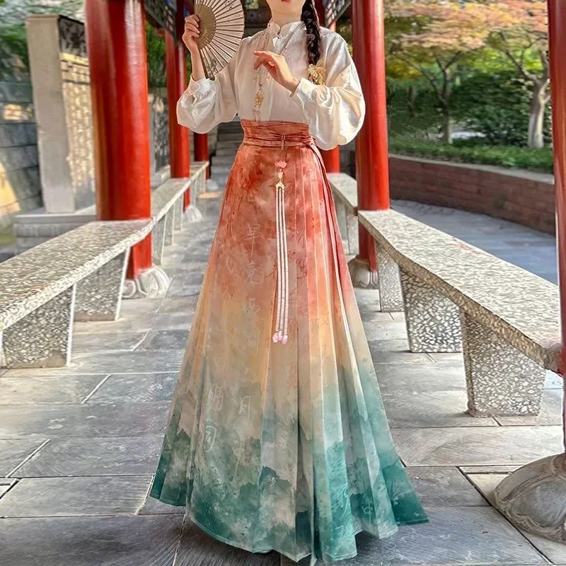 Women Improved Hanfu High Waist Horse-face Pleated Skirt Blouse Suit Vintage Chinese Traditional Ming Dynasty Costume