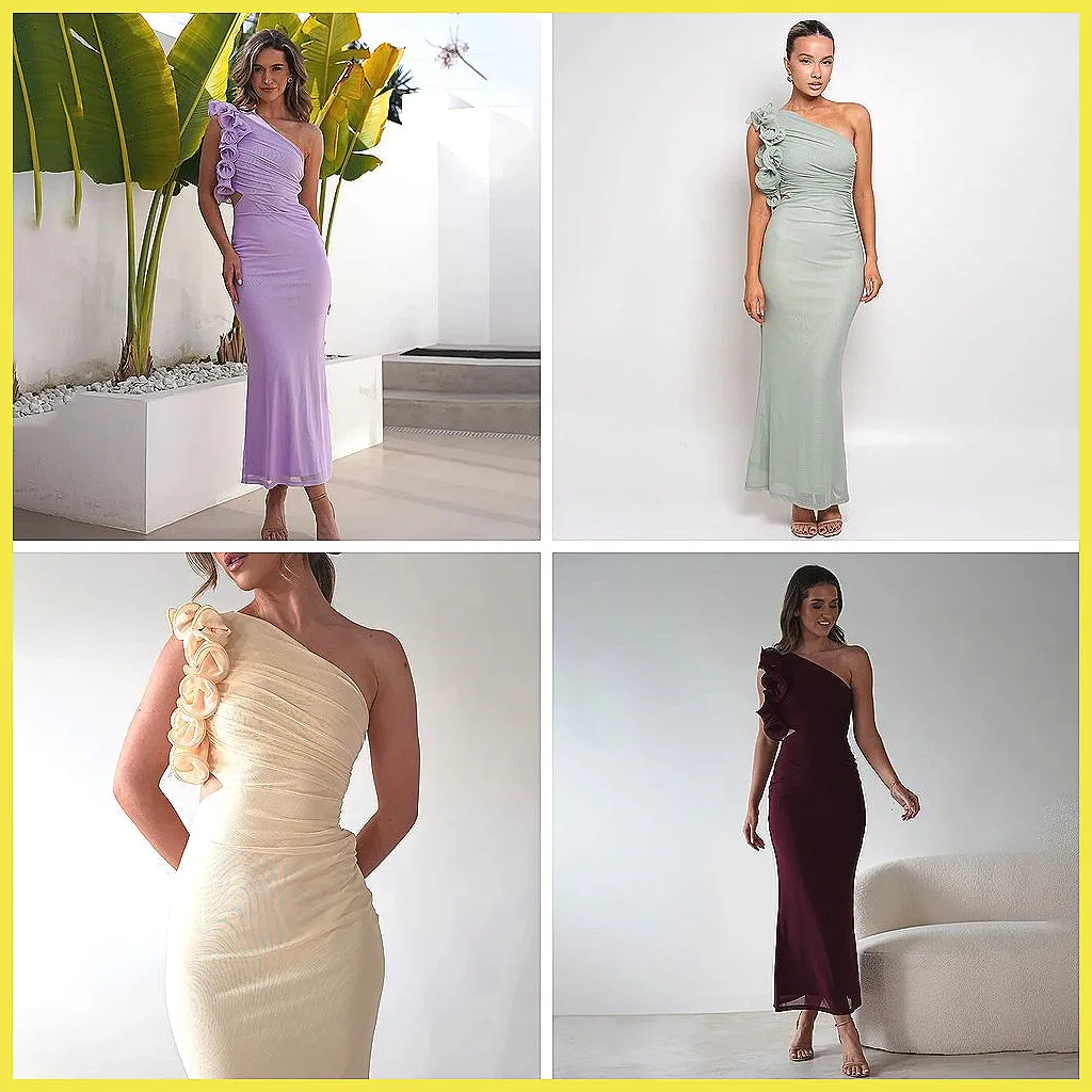 

Women's Sexy Mesh Ruched Long Dress with Floral Print, Sleeveless Slit Shoulder Elegant Party Gown