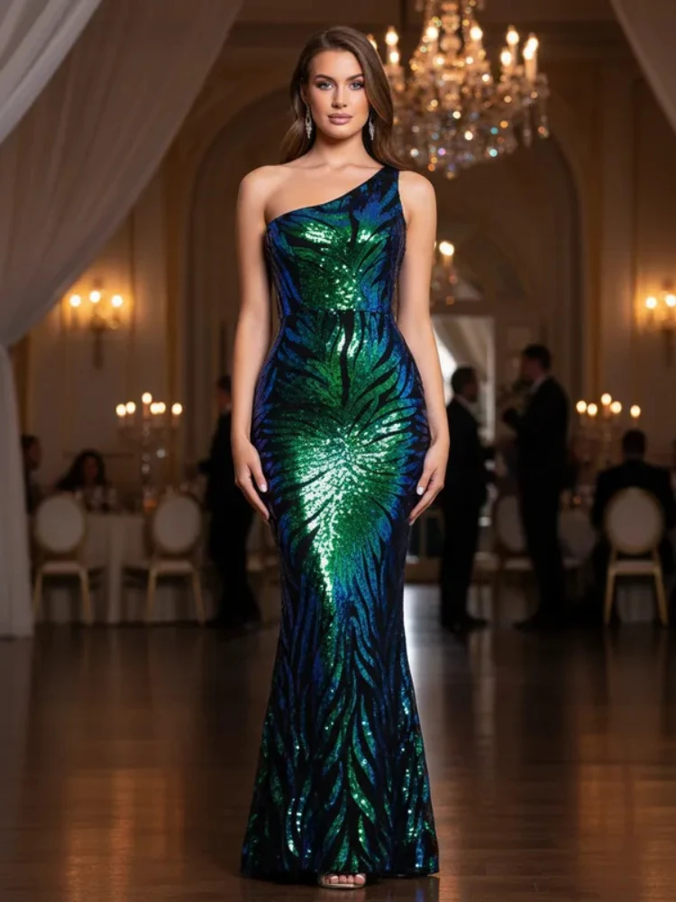 

Lavender Pink One Shoulder Sequin Maxi Dress Sleeveless Evening Party Prom Gown for Women