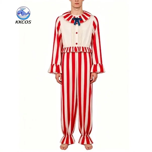 

KKCos Halloween Scary Corn Clown Cosplay Costume Striped Jumpsuit Horror Party Outfit Corn Clown Bodysuit Carnival