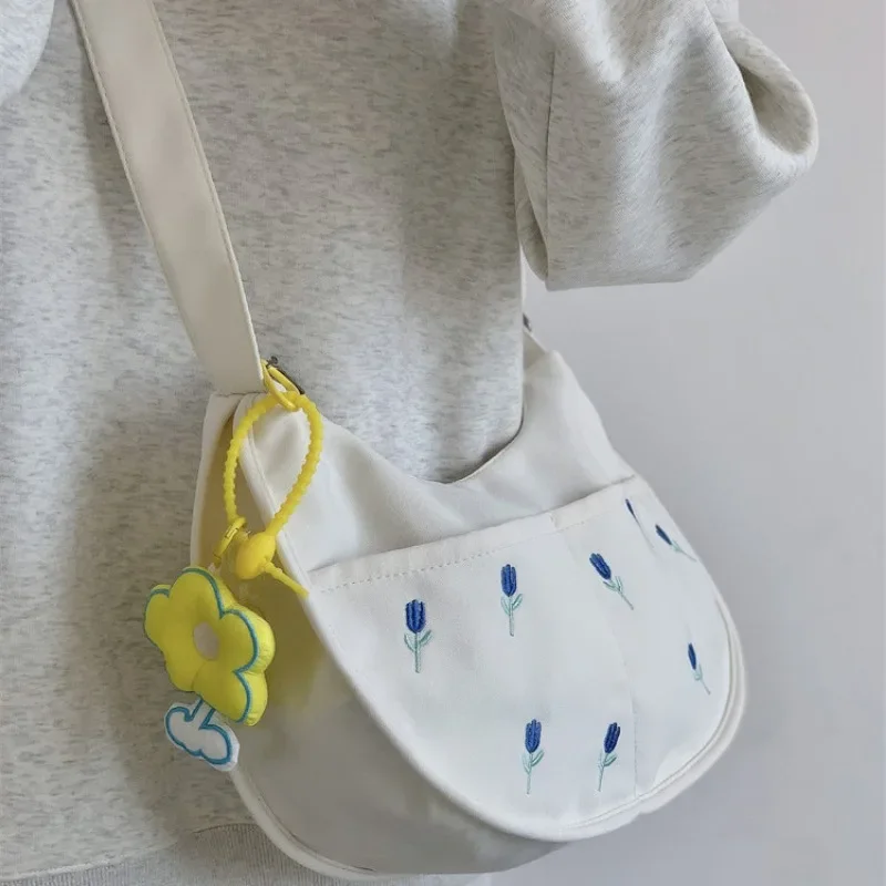 Xiuya Vintage Shoulder Bag for Women Fsahion Flower Embroidery Canvas Crossbody Bags Casual Versatile Japanese Designer Bag