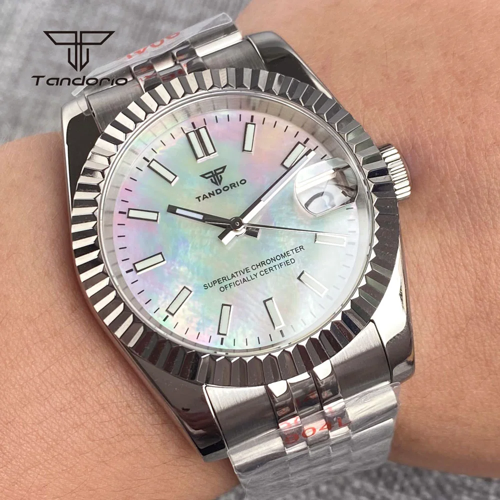 Tandorio NH35 Mother of Pearl Dial Date 36mm/39mm Steel Automatic Wristwatch Sapphire Men\'s Mechanical Watch Luminous Shell Face