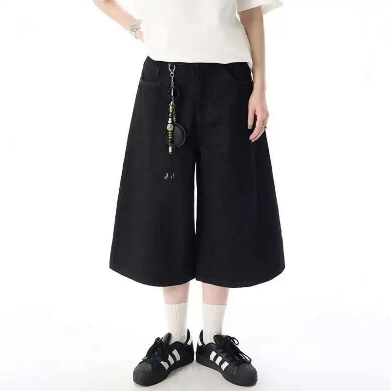 

Мужские джинсовые шорты в американском стиле, повседневные однотонные повседневные мужские брюки, прямые свободные мужские брюки с широкими штанинами, новое лето