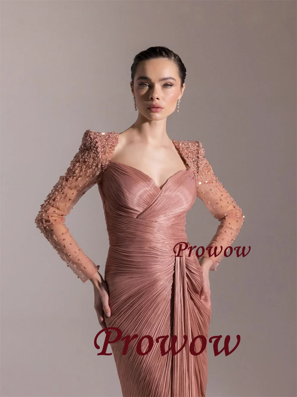 

Prowow Modest Mermaid Formal Evening Dresses Pleats Beaidng Illusion Full Sleeves Wedding Party Gowns Customized Side Slit