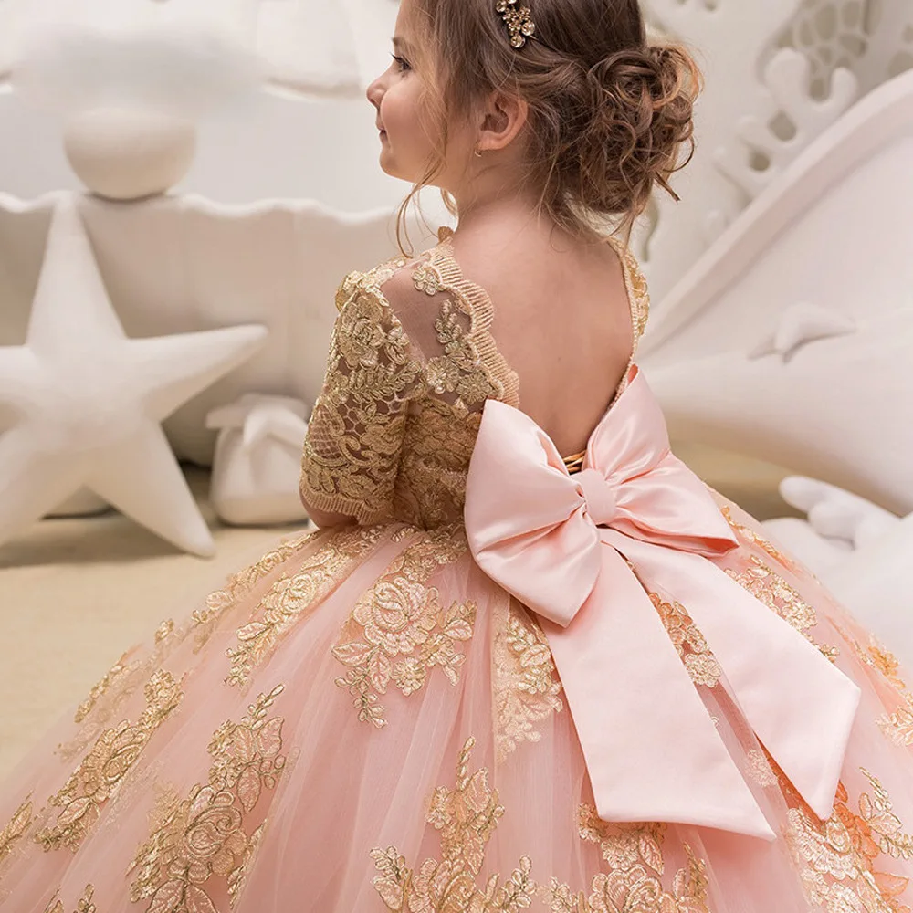 Luxury Flower Girl Dress Ball Gown Lace Applique For Wedding Princess Pageant Children Half Sleeve Birthday Party Clothes