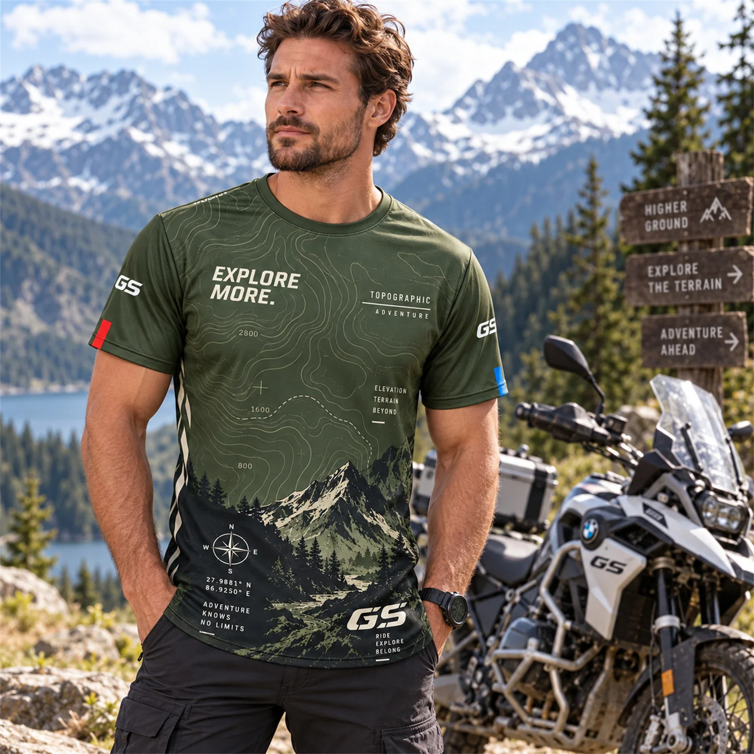 GS Motorrad Motorcycle T Shirt Topographic Adventure Graphic Print Short Sleeve Riding Jersey Unisex Outdoor Travel Tee