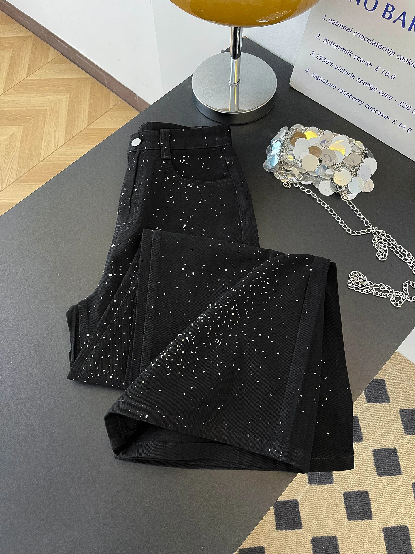 

American High Street Heavy Du Rhinestone Denim High Waist Loose Women's Spring Vintage Star Bla Versatile Wide Leg Pants