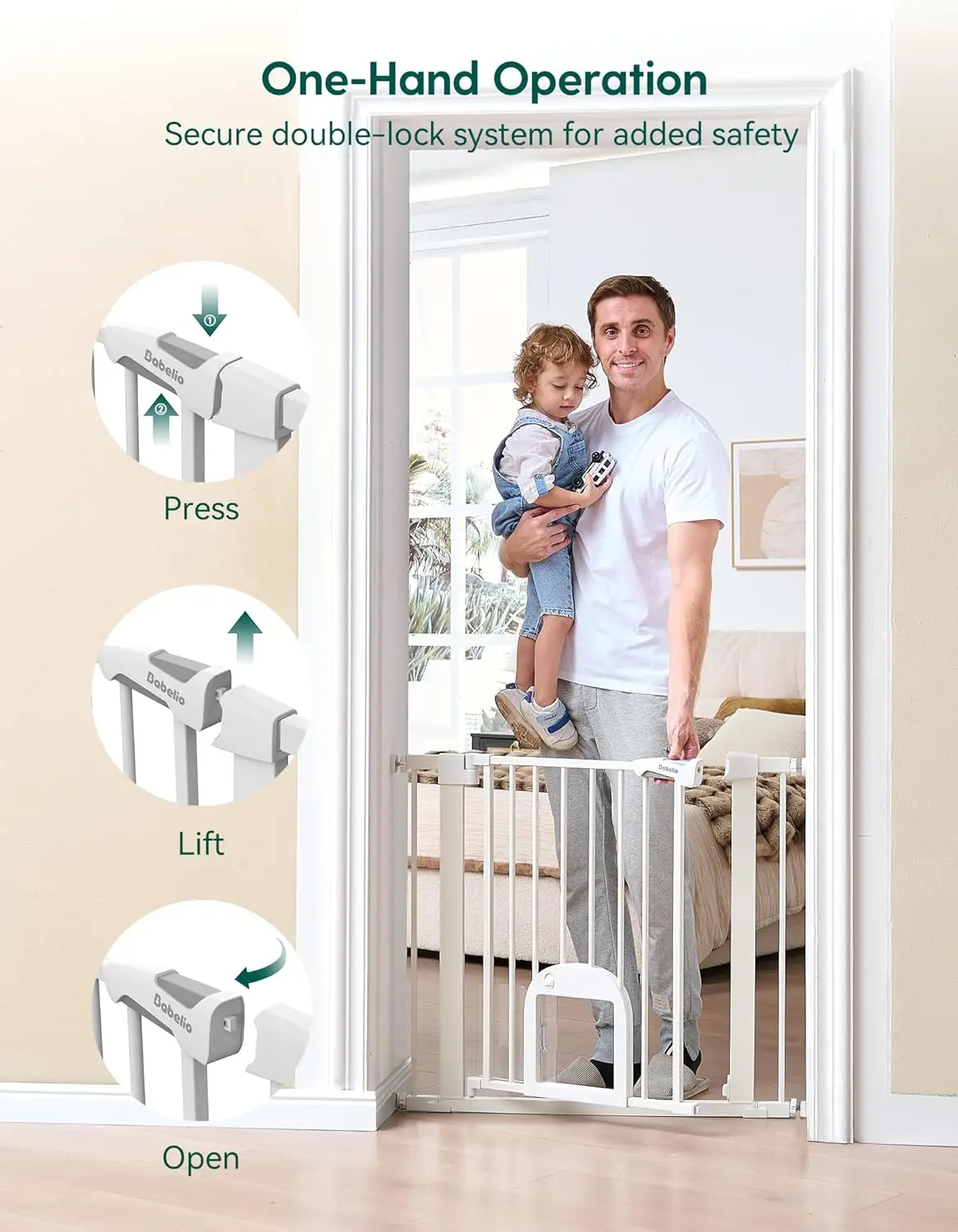 Auto Close Baby Gate with Adjustable Cat Door, 29-43" Wide, Durable Safety Gate for Stairs, Doorways, Easy Walk Thru, White - view 5
