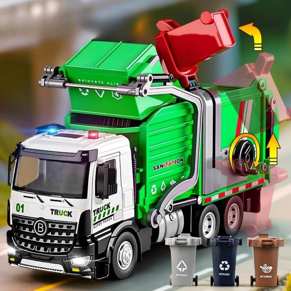 

1:32 Alloy City Sanitation Vehicle Watering Truck Diecast Model Toys Doors Opened Front Wheel Steering Sound Light Cars Boy Gift