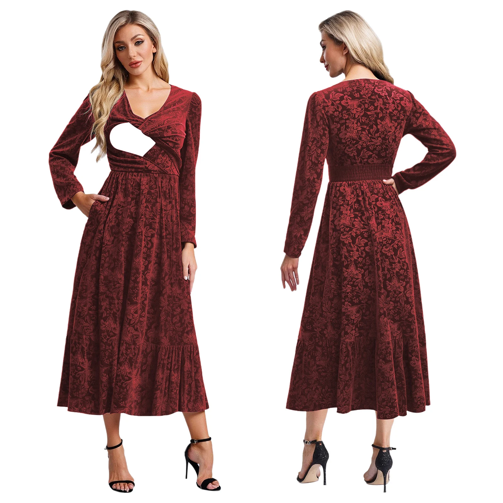 

Женское платье макси для кормящих максі с длинными рукавами и v-образным вырезом с цветочным принтом, бархатные платья для кормления грудью, свадебное платье для банкета, дня рождения