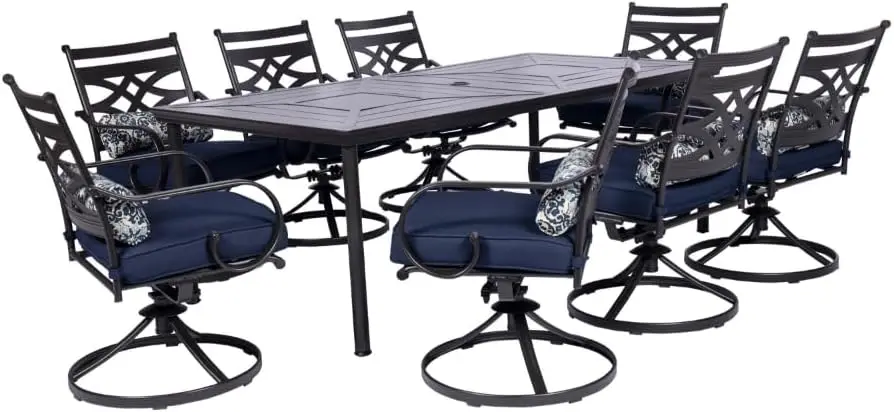 Montclair 9-Piece Outdoor Dining Set, 8 Swivel Rocker Chairs with Comfortable Seat and Lumbar Cushions