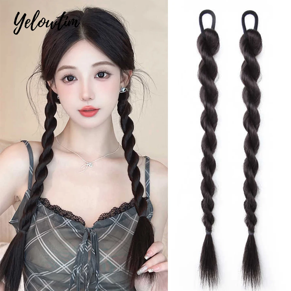 

2PCS Synthetic Long Twist Bow Braid Ponytail Extensions With 22Inch Rubber Band Boxing Braided Hair Extensions For Women Daily