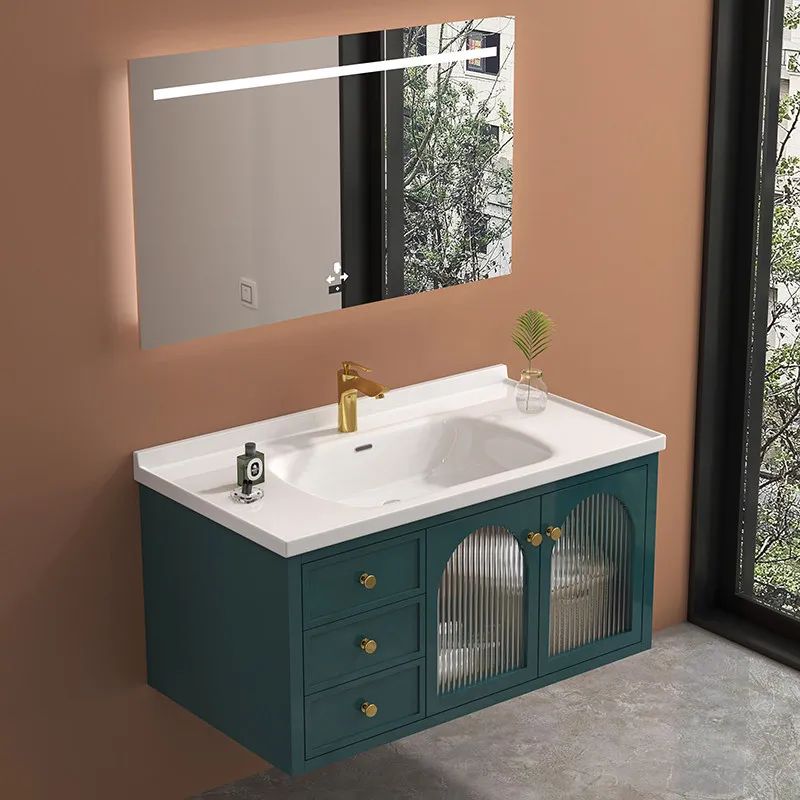 

Тумба для ванной комнаты с керамической интегрированной раковиной, стеклянной дверцей и умывальником из массива дерева, настенный шкафчик