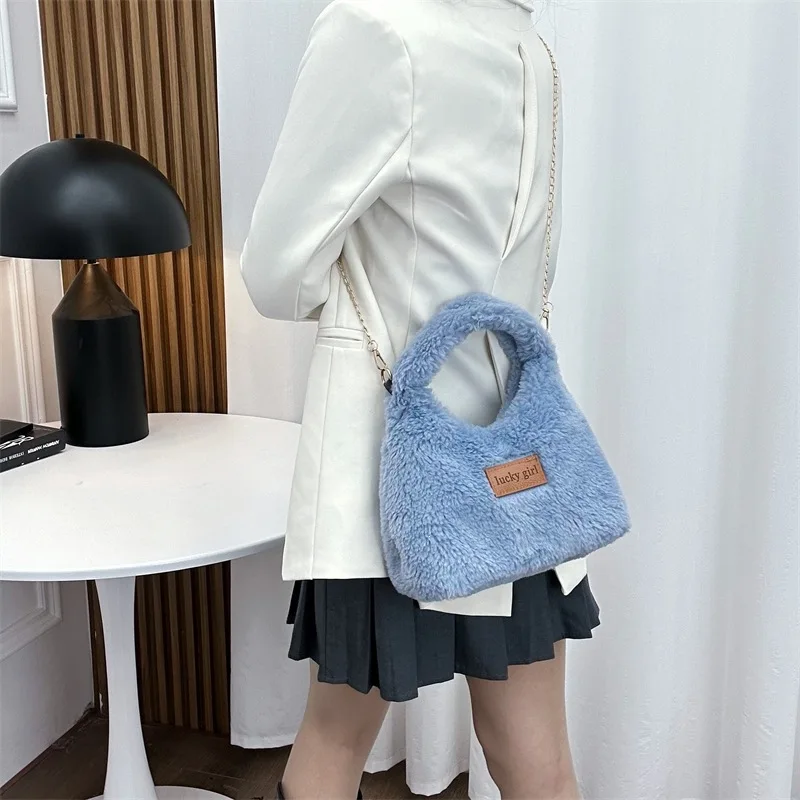 Women Faux Fur Plush Hobo Bag Cute Fluffy Handbag Detachable Chain Strap Ladies Crossbody Shoulder Bag Winter Daily Purse