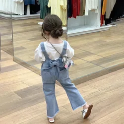 Girls' Suit Spring and Autumn New Children's Denim Suspender Pants WhiteTT-shirt Fashionable Stylish Korean Set