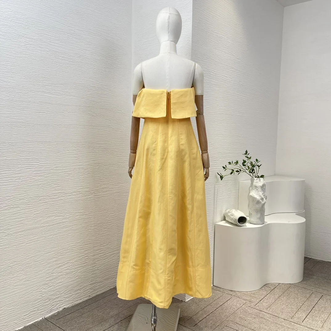 Top Quality 2024 New Collection Pink Ruffles Sleeveless Waist A-line Women Yellow Tube Midi Dress