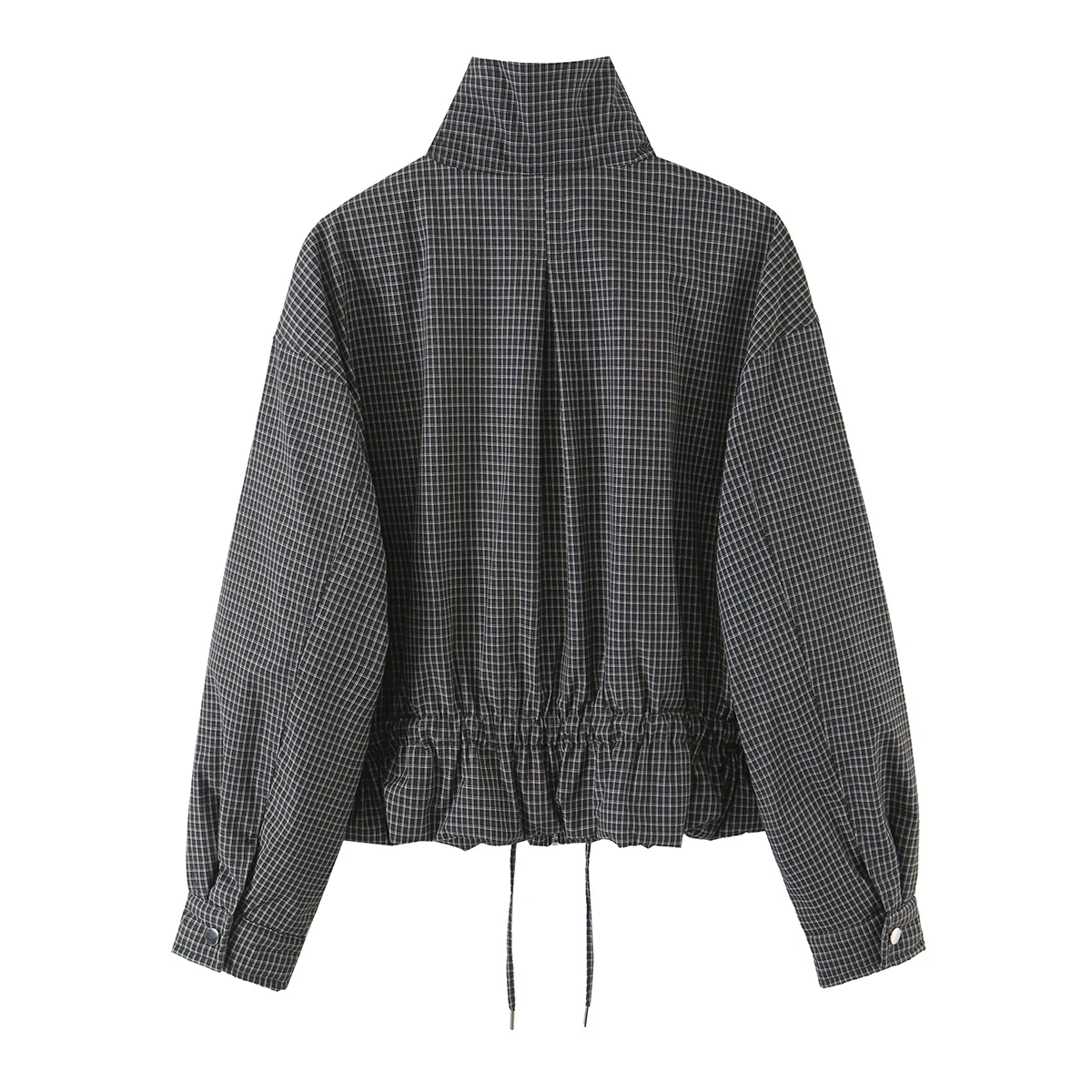 BSAY 2026 New American Vintage Women Plaid Cropped Padded Jacket Stand Collar Zip Drawstring Hem Loose Fit Check Fall Outerwear