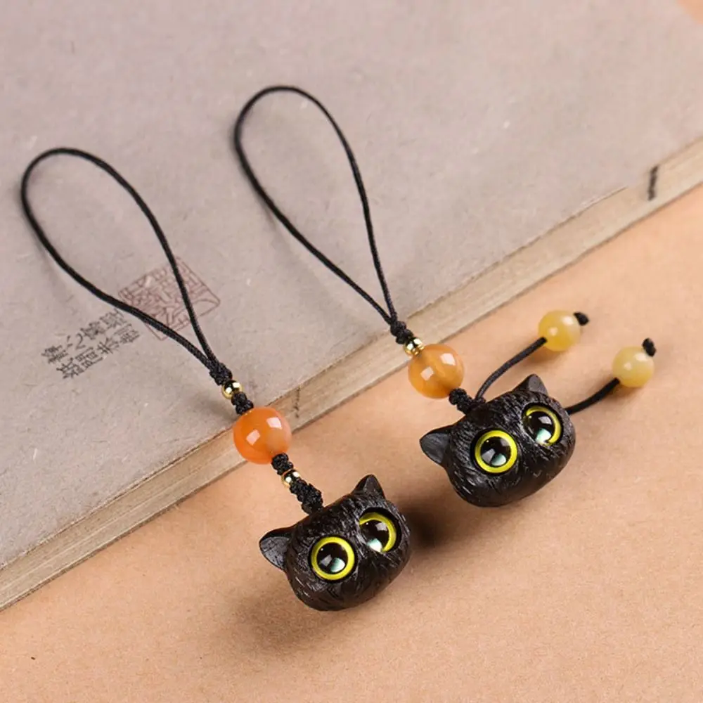 1pc Ebony Cute Black Cat Head Keychain Decor for Mobile Phone Chain Hand-knitted Creative Sandalwood Little Cat Pendant Gifts