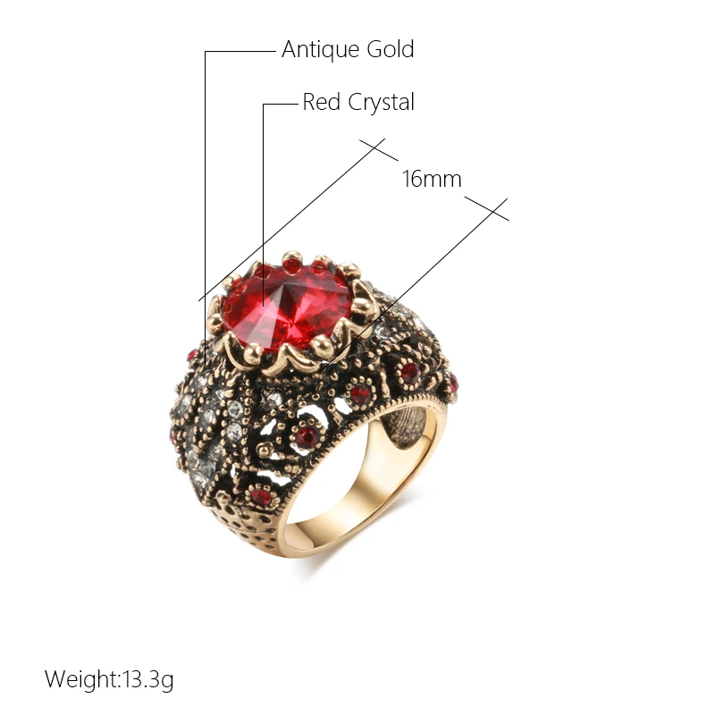 Wbmqda Hot Boho Red Crystal Big Ring For Woman Antique Gold Color Ethnic Bridal Ring Vintage Wedding Jewelry Gifts 2023 New