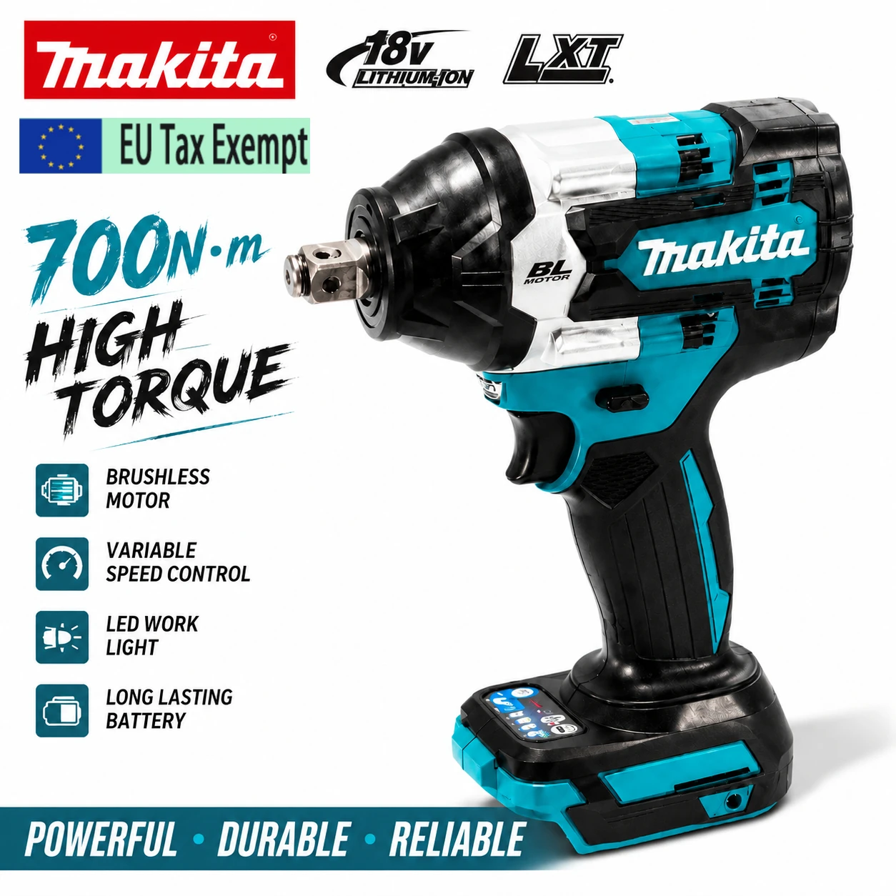 Für Makita DTW700 Akku-Schlagschrauber 18V Bürstenloser Motor Elektrischer Ratschenschrauber 700N·m Hochdrehmoment-Werkzeugset mit LED-Licht, 1/2 Zoll Vierkantantrieb, variable