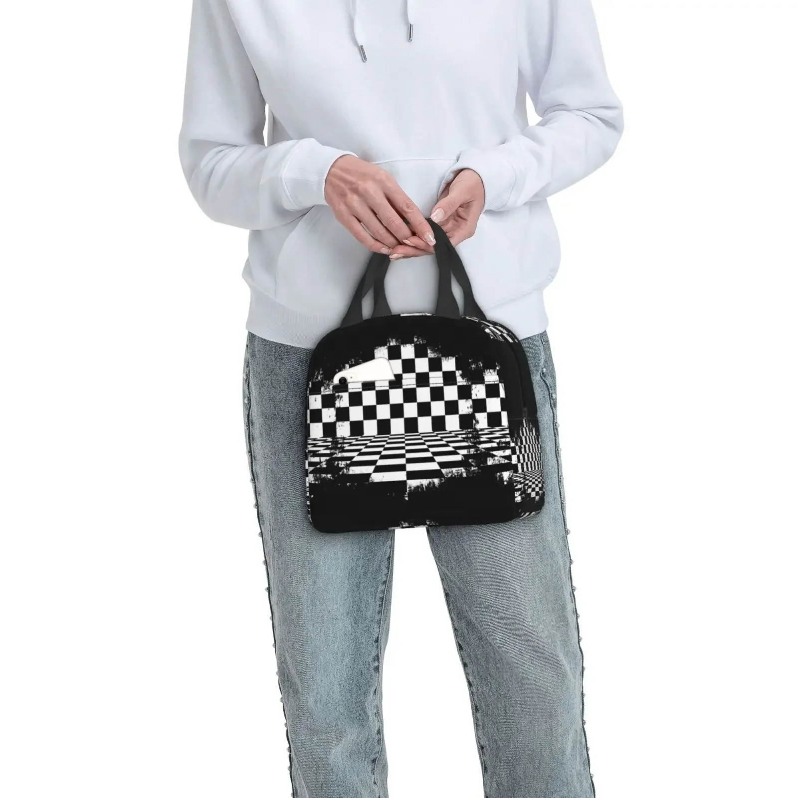 Black White Checkered Torn Checkerboard Race Lunch Bag Portable Thermal Cooler Insulated Bento Box for Kids Food Tote Bags