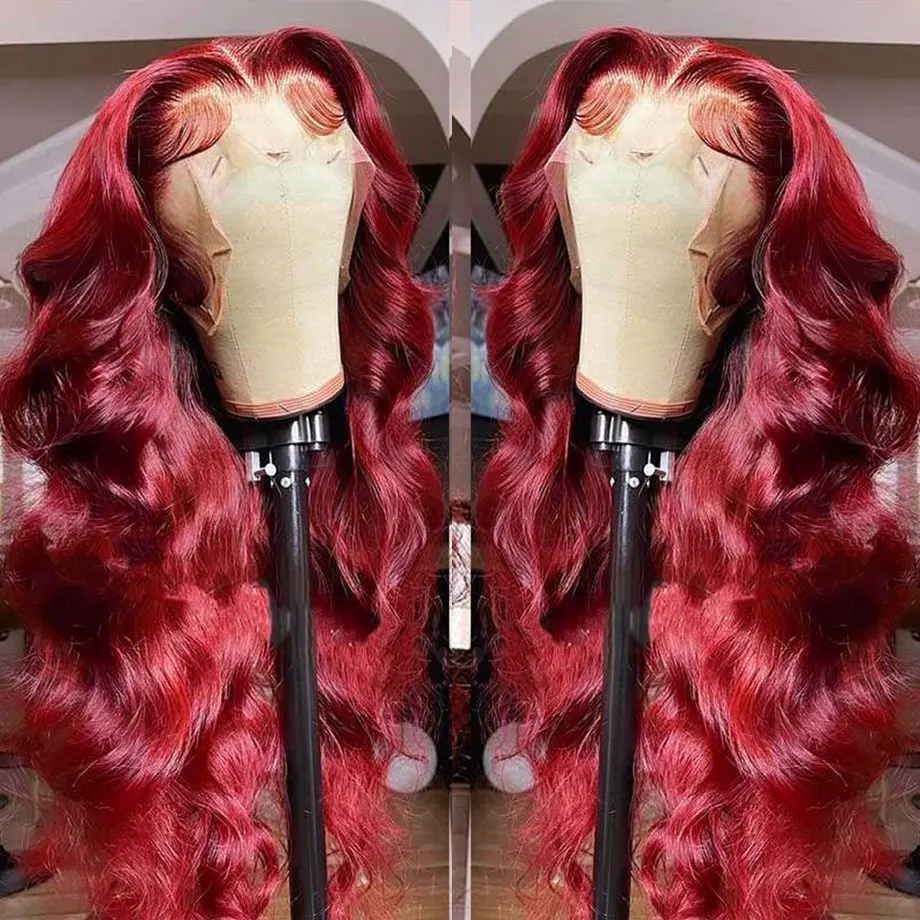 Borgoña 99J 13 × 4 13x6HD Peluca de cabello humano con encaje Frontal transparente ondulado pelucas frontales de encaje peluca brasileña de color rojo para mujeres