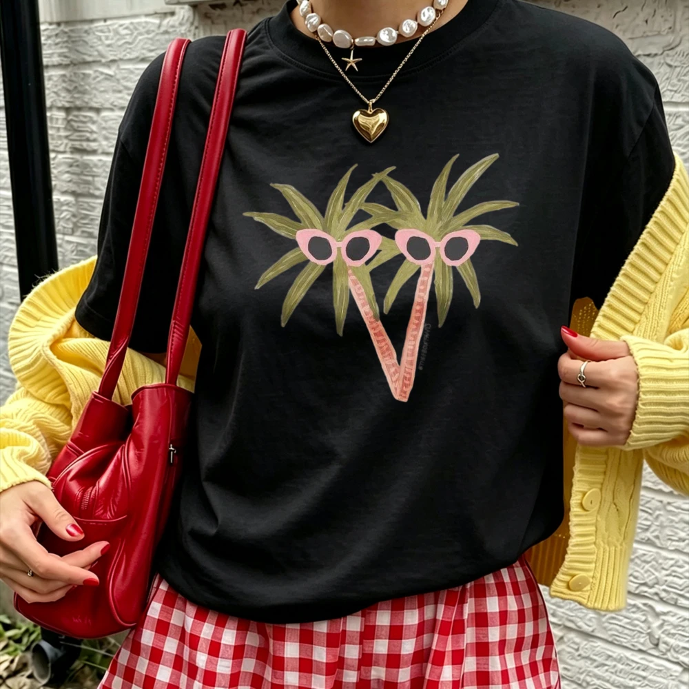 Hand Drawn Palm Tree with Pink Sunglasses Tropical Summer Vacation Print Women Cotton T Shirt Beach Holiday Vibe Fit Casual Tops
