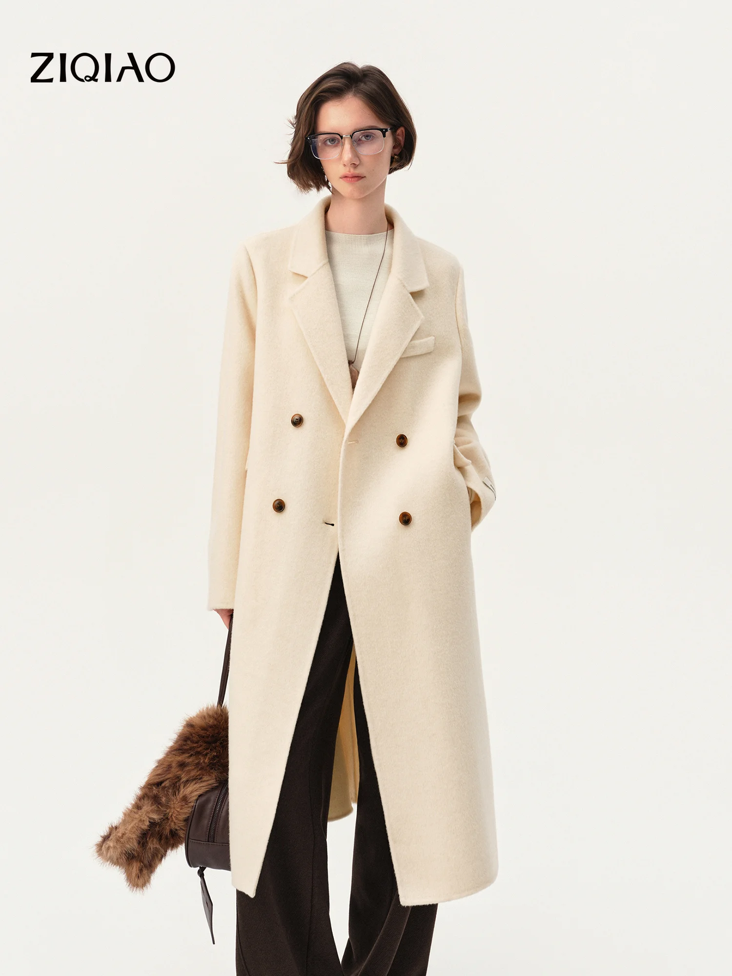 ZIQIAO Women's Winter New Style Korean Style H-line Double-faced Wool Coat Straight Shoulders Commuting Office Lady