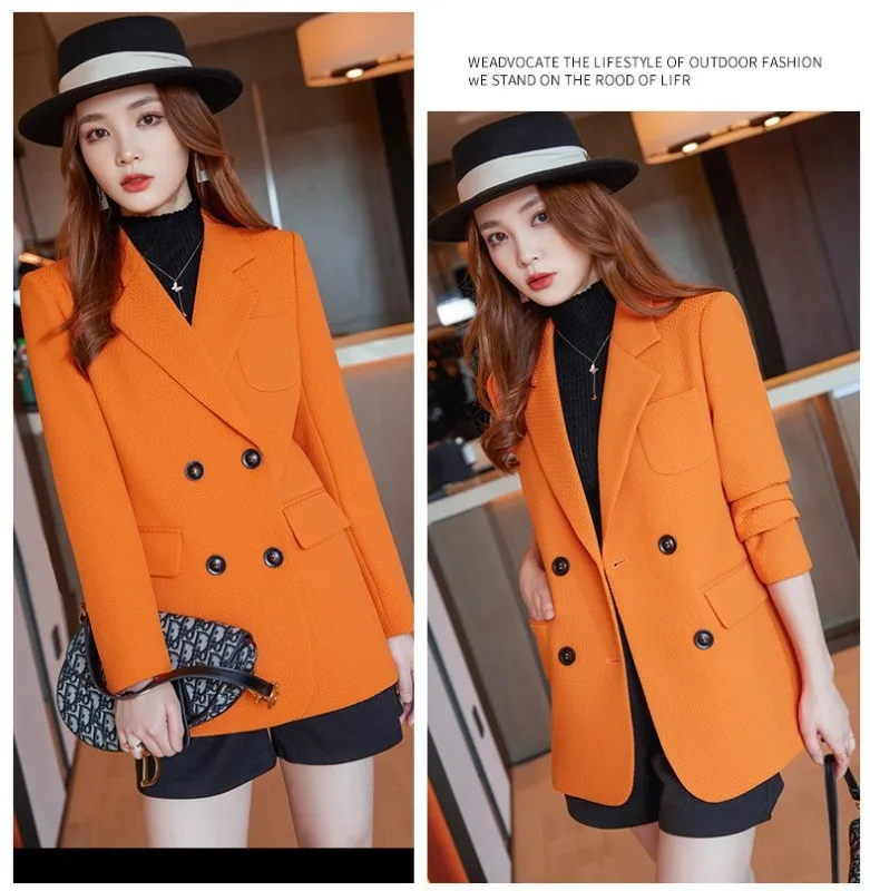 Womens Casual Blazer Orange Black Green Waffle Long Sleeve Double Breasted Ladies Business Work Wear Jacket For Autumn Winter