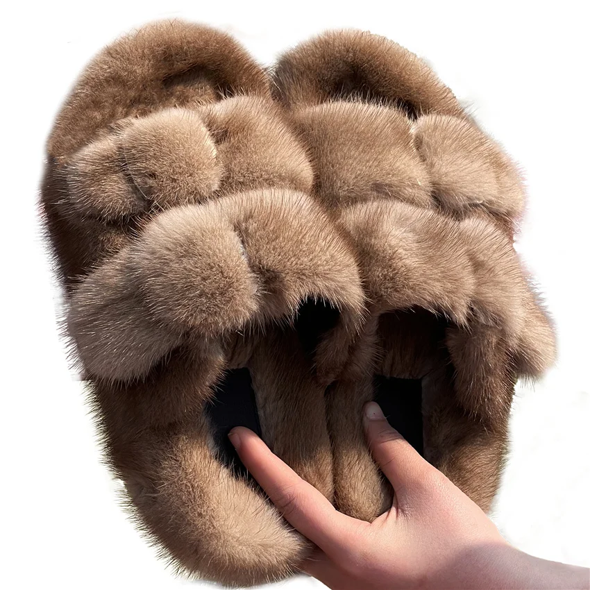 

Mink Fur Slippers 100% High Quality Mink Slippers Plush Slides Casual Flat Shoes Women Girls Outdoor Flip Flops Luxury Sandals