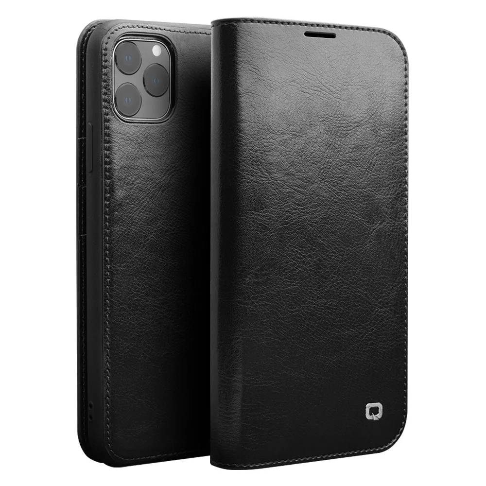 QIALINO Housse portefeuille en cuir de vachette véritable pour iPhone 11 Pro 5,8 pouces - Noir