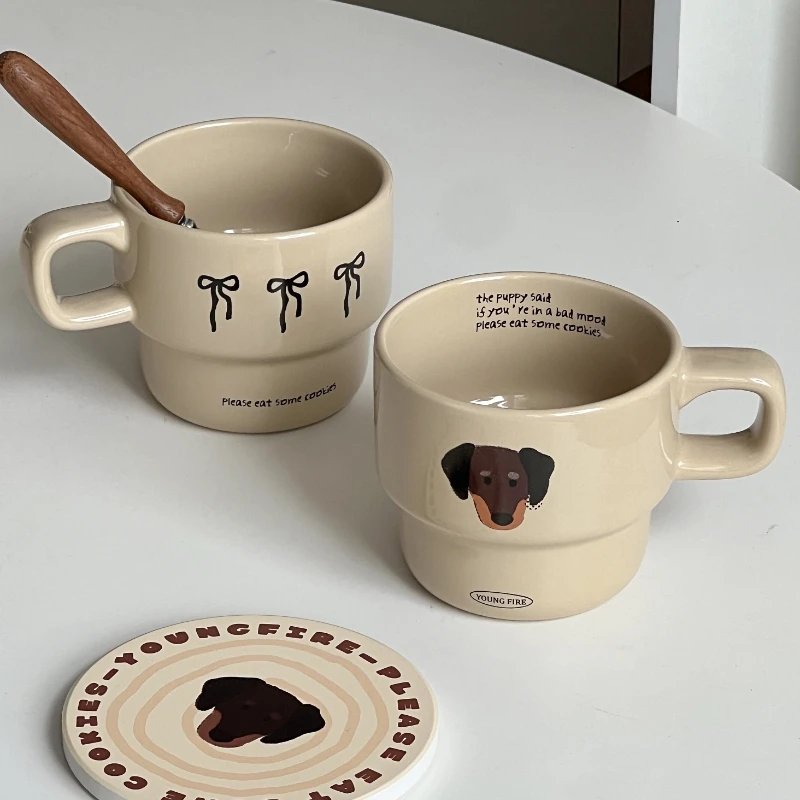 Cream Brown Bow Puppy Ceramic Mug with Hand-painted Coffee Stacking Cup As A Gift