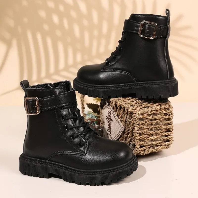 Crianças botas curtas versátil moda crianças botas de couro cor sólida fundo macio 2025 outono inverno novas meninas botas casuais