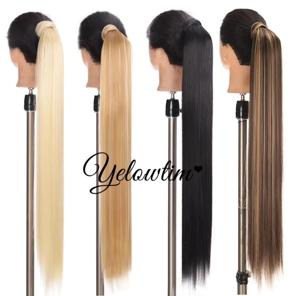 30inches Synthetic Ponytail Hair Extension Clip in Fake Wig Hairpiece Blonde Wrap Around Pigtail Long Smooth Overhead Pony Tail