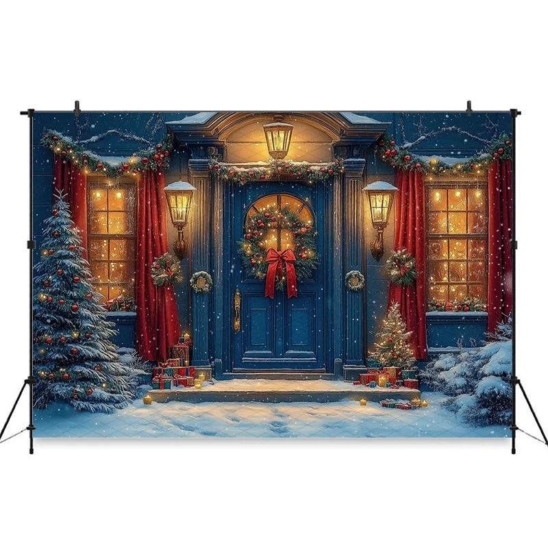 Mocsicka Navidad casa azul telones de fondo suave lavable regalos de nieve árbol foto fondo luz corona puerta decoraciones papel tapiz Banner