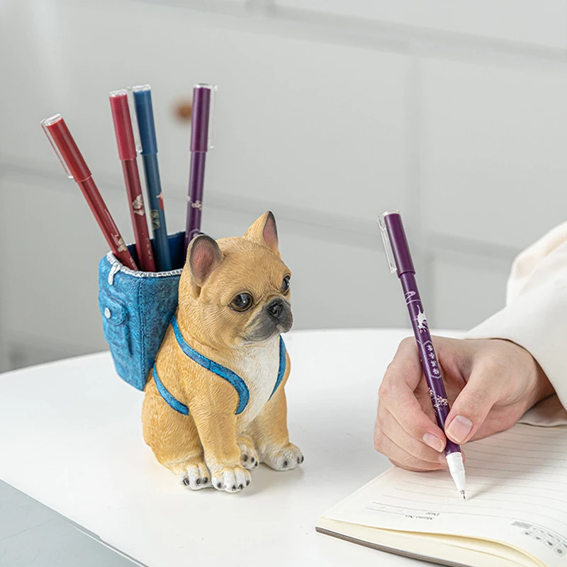 Cute Puppy Pen Holder Desktop Ornament Resin Pen Holder Office Desktop Stationery Storage Container Students Gift