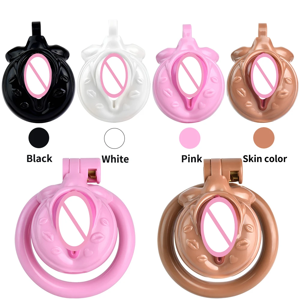 4 Colors Sissy Pussy Chastity Cage Small Male Labia Cock Cage With 4 Size Penis Rings,Chastity Belt,BDSM Sexy Toys For Men Gay