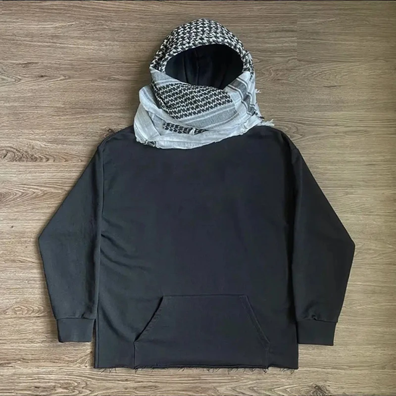 

Y2k hip-hop style black cut hoodie with Arabian desert scarf set, worn hem suitable for street retro fashion hoodie