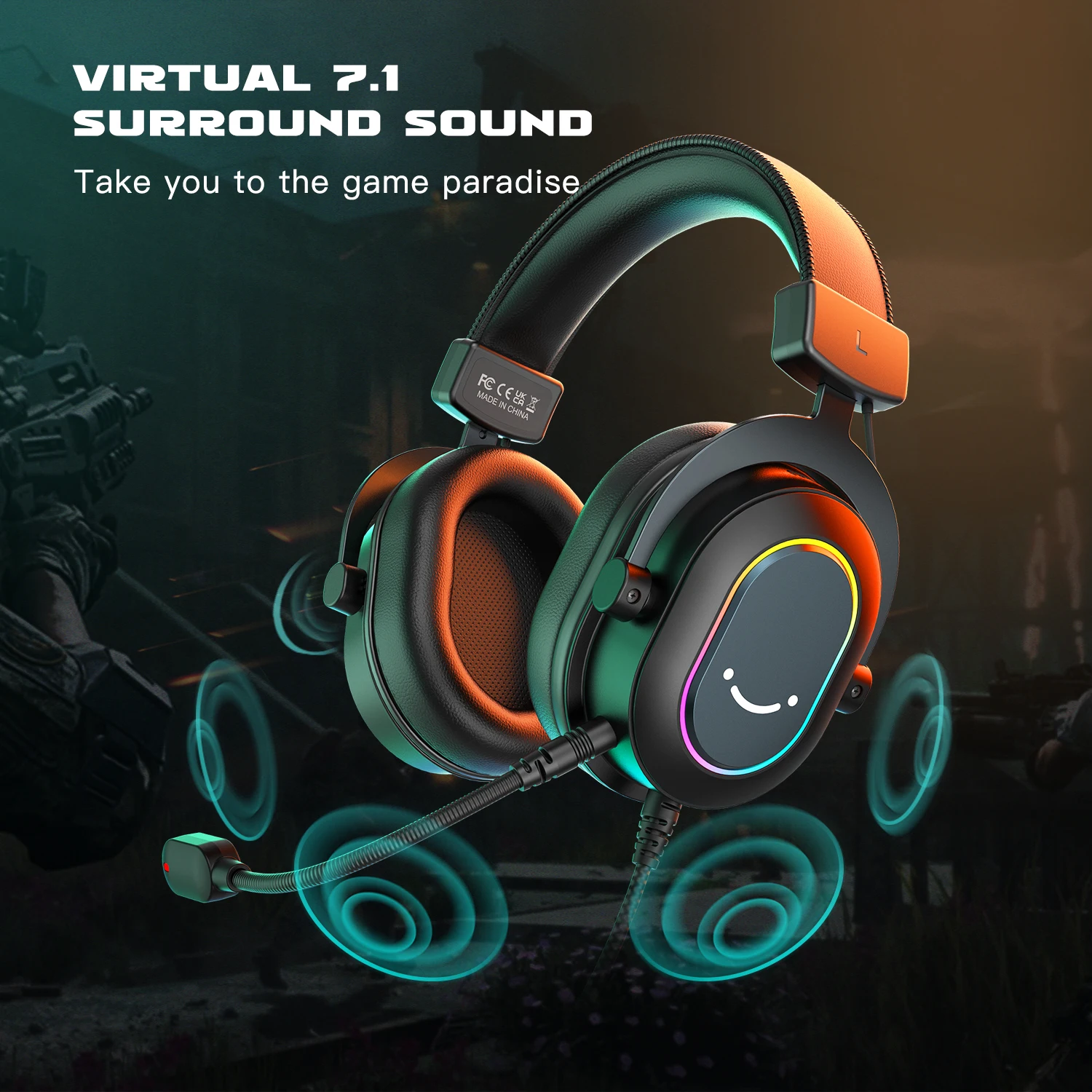 FIFINE USB Gaming Headset with 7.1 Surround Sound/Line Control/3EQ Mode,RGB Headphone with Mic,Plug and Play,for PC/PS5 -H6