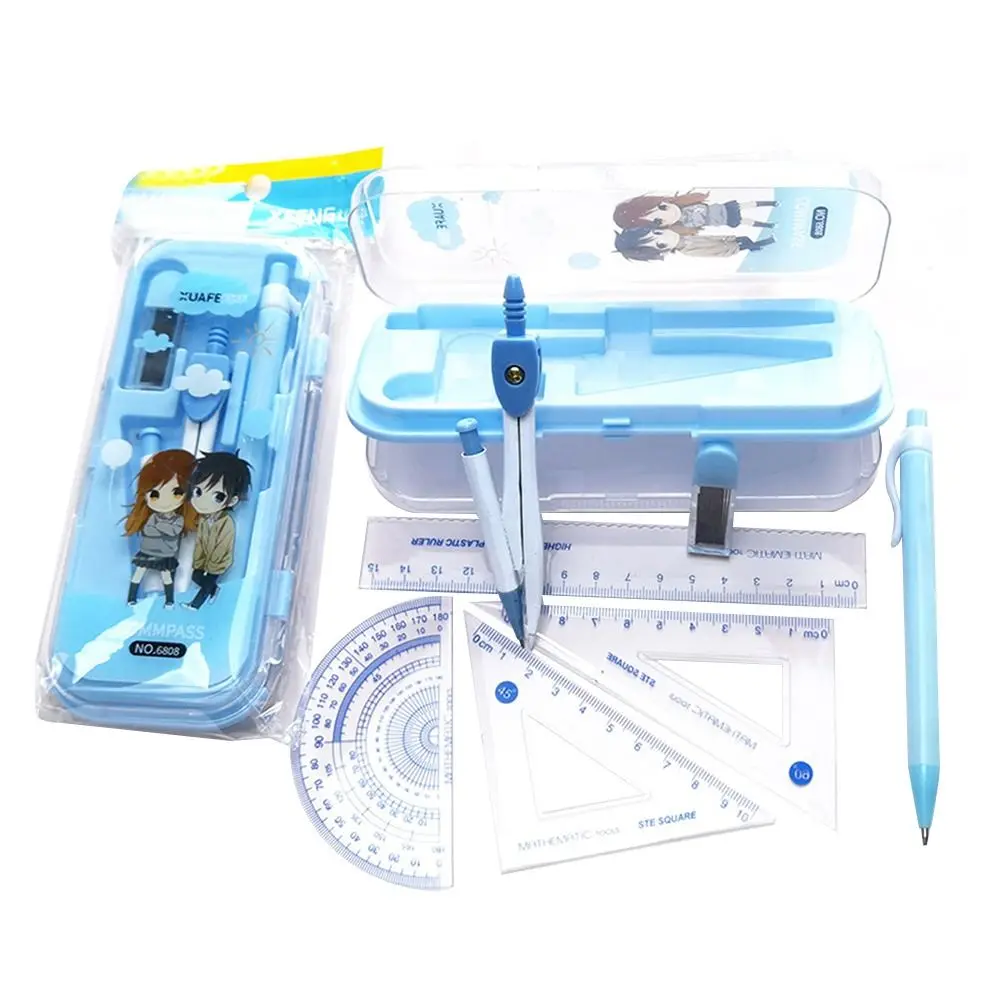 7Pcs/Set Drawing Tool Student Drawing Painting Compasses Set Rubber Protractor Ruler Kit Multifunction Stationery Sets