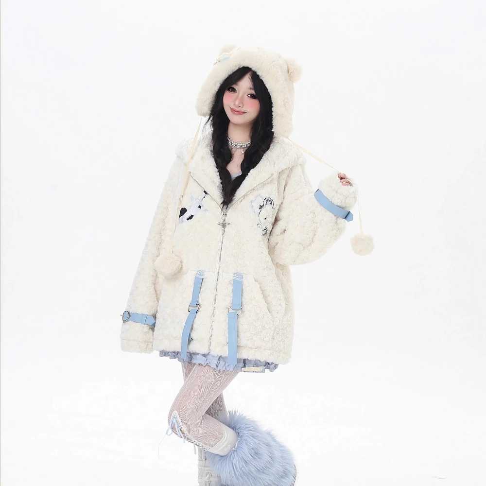 Fashion Sweet Cute Girl Cat Ear Hooded Cartoon Embroidery Cross Zipper Thick Warm Plush Coats Loose Casual Jackets Women Winter