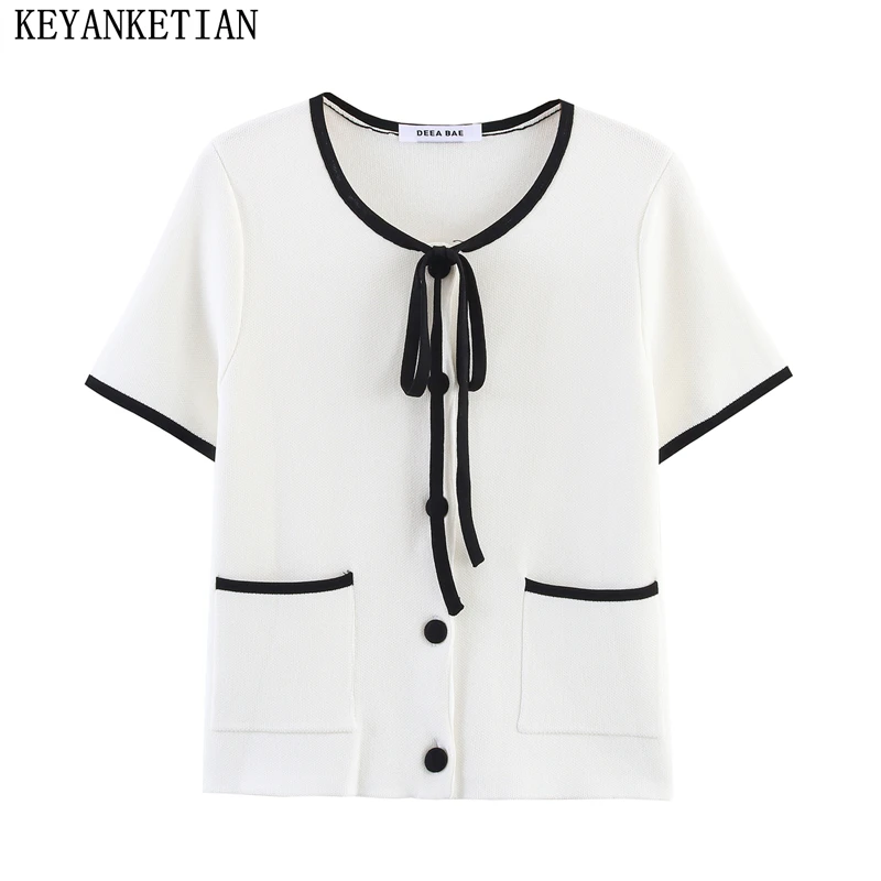 

KEYANKETIAN Summer New Women Round Neck Lace Up Single Breasted Button Contrasting Color Trimmed Knitted Short Sleeved Women Top