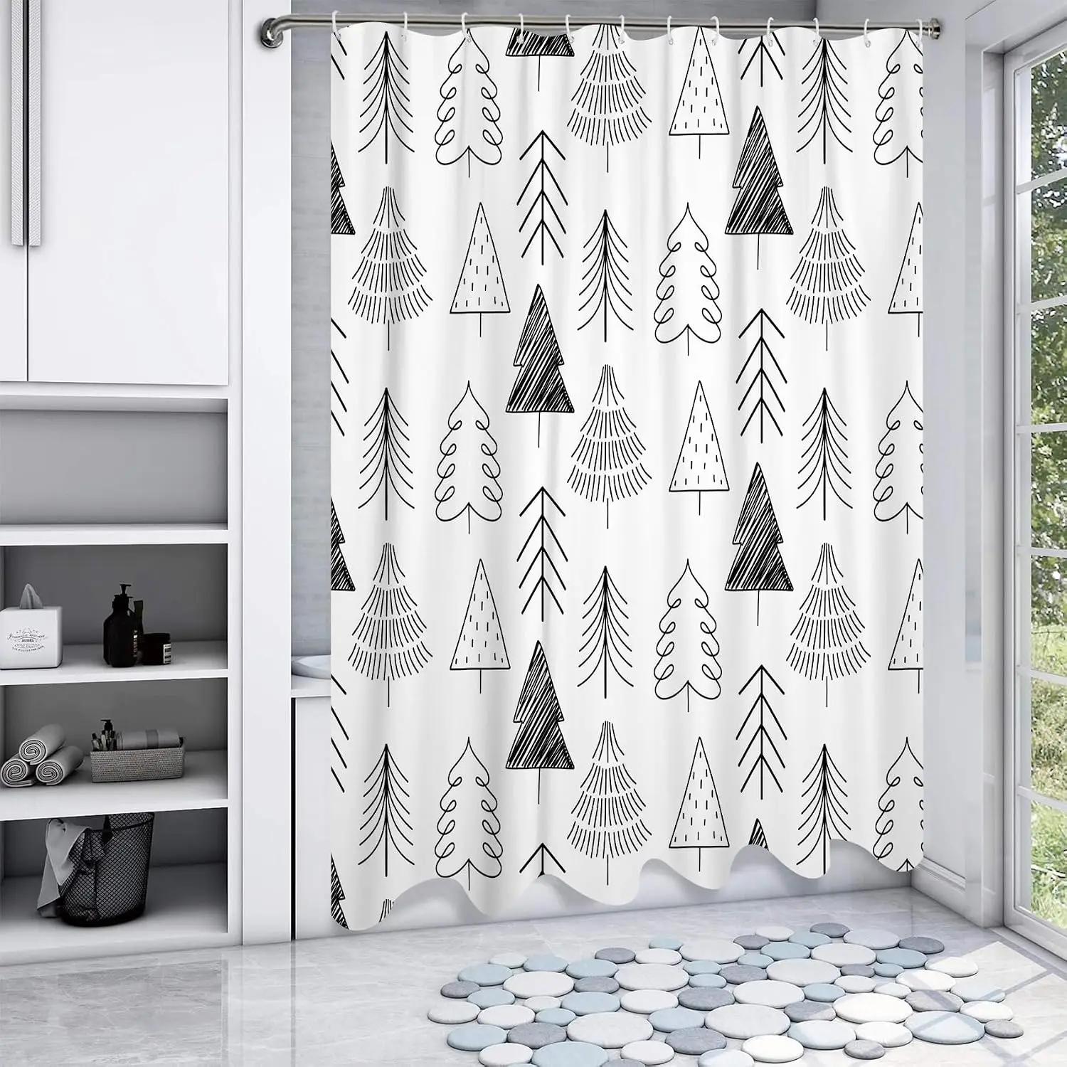 Waterproof Shower Curtain Black White Pine Tree Forest Pattern Bathroom Decor Boho Minimalist Vertical Evergreen Line Art curtai