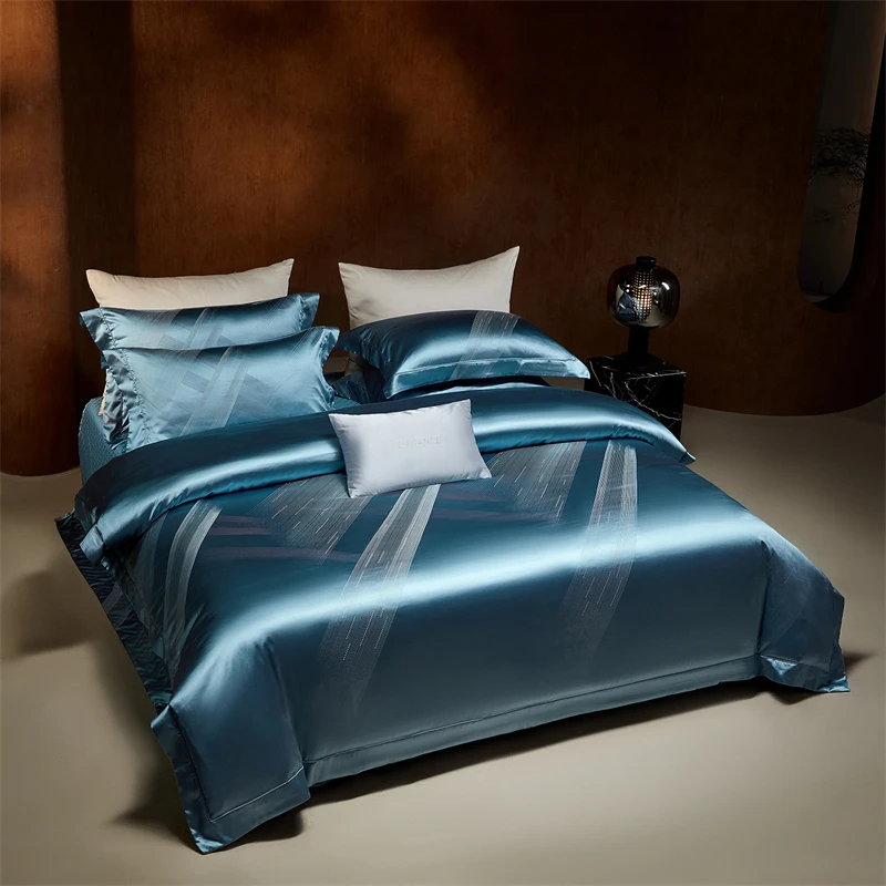 Luxury Satin Jacquard Egyptian Cotton Bedding Set Silky Soft Queen King Duvet Cover Set Quilted Bedspread With Pillowcases 4Pcs