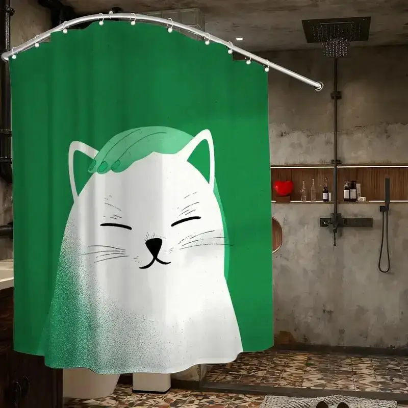 

Игривая занавеска для душа с изображением кота – улыбающийся белый кот с зеленой лапой на фоне изумрудного цвета, 12 крючков, водонепроницаемый декор для ванной комнаты