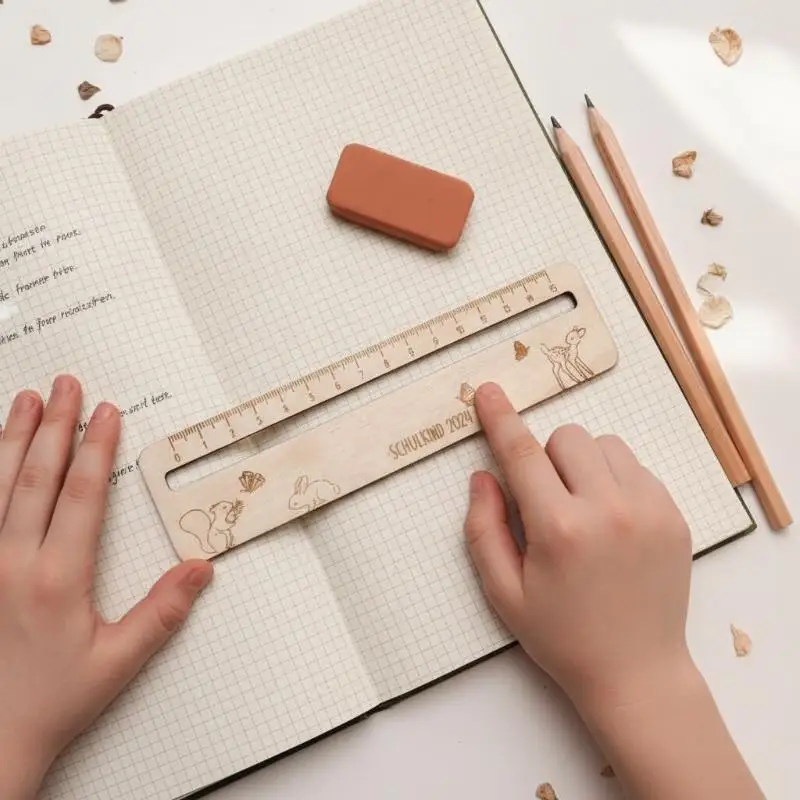 Wooden Ruler Bookmark Engraved Cute Pattern Eco-friendly Portable Stationery for Kids Back to School Gift Student Reading Use