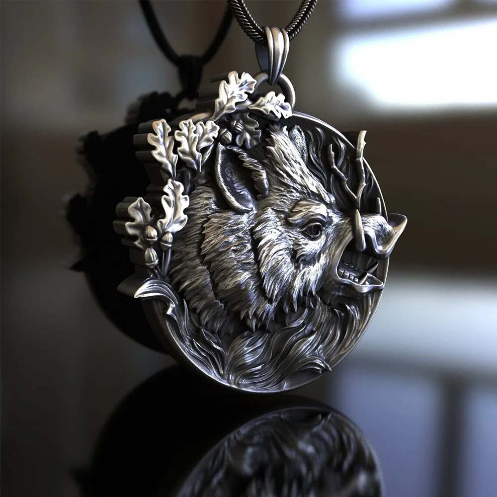 Nature Enthusiast Flower Vine Stainless Steel Wild Boar Round Necklace Men's Fashionable Animal Necklace Hip-hop Street Necklace