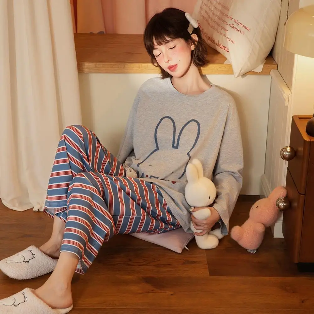 

Серый пижамный комплект Miffy с большим узором кролика, полосатые брюки, мягкая одежда для сна для женщин, милая домашняя одежда с героями мультфильмов, повседневная домашняя одежда